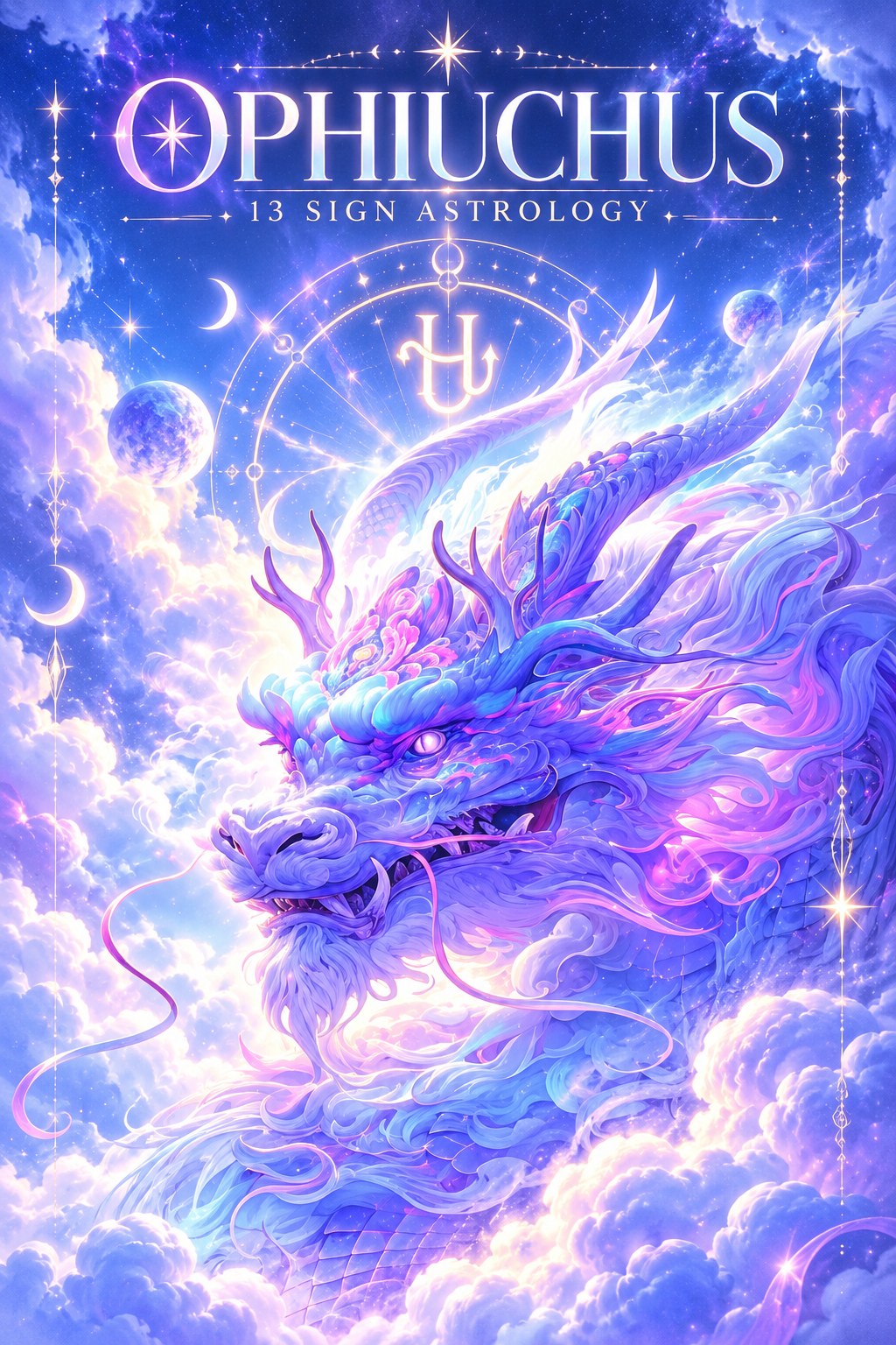 Ophiuchus, the serpent bearer, shown as a luminous purple-and-blue serpent dragon rising through glowing clouds.