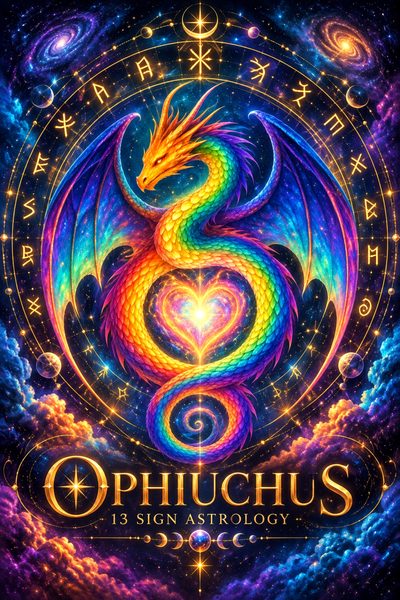 A vibrant rainbow dragon curls within a glowing celestial ring against a deep space background filled with stars and galaxies.