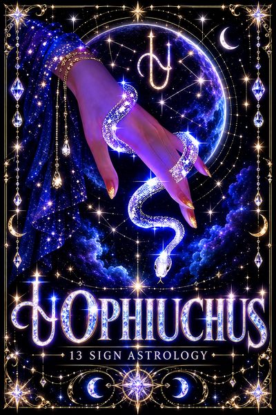 Ophiuchus, the serpent bearer: a hand wrapped by a glowing crystal serpent against a starry sky and crescent moon.
