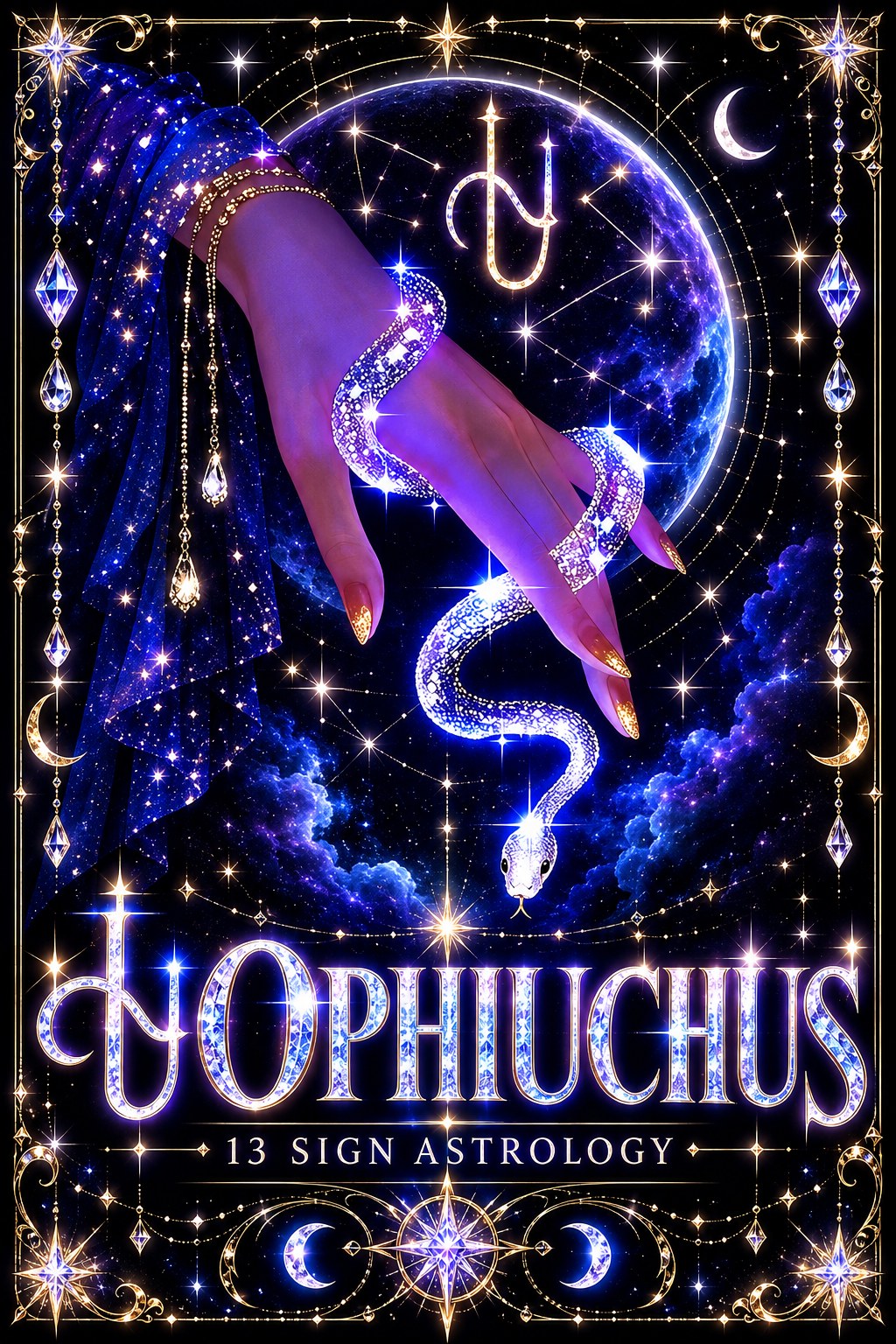 Ophiuchus, the serpent bearer: a hand wrapped by a glowing crystal serpent against a starry sky and crescent moon.
