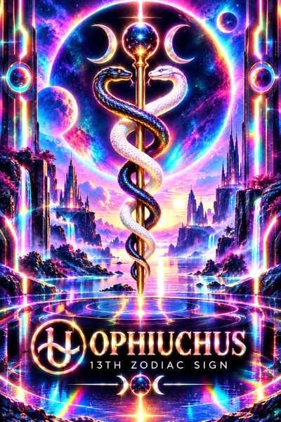 A glowing staff with two intertwined snakes stands before a vibrant nebula and towering futuristic castles.